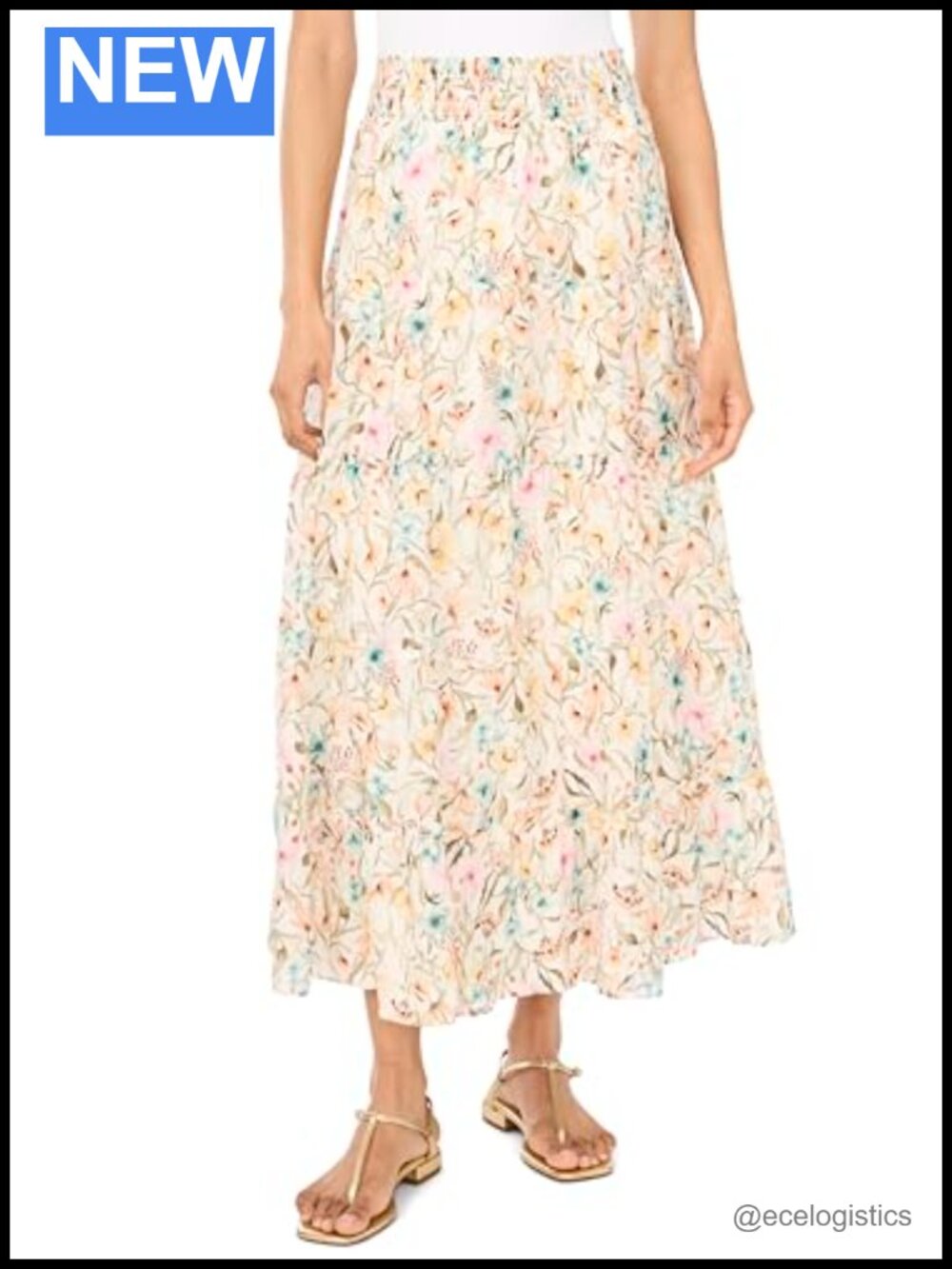 Tiered Smocked Waist Maxi Skirt Flowy Pull-On Lightweight